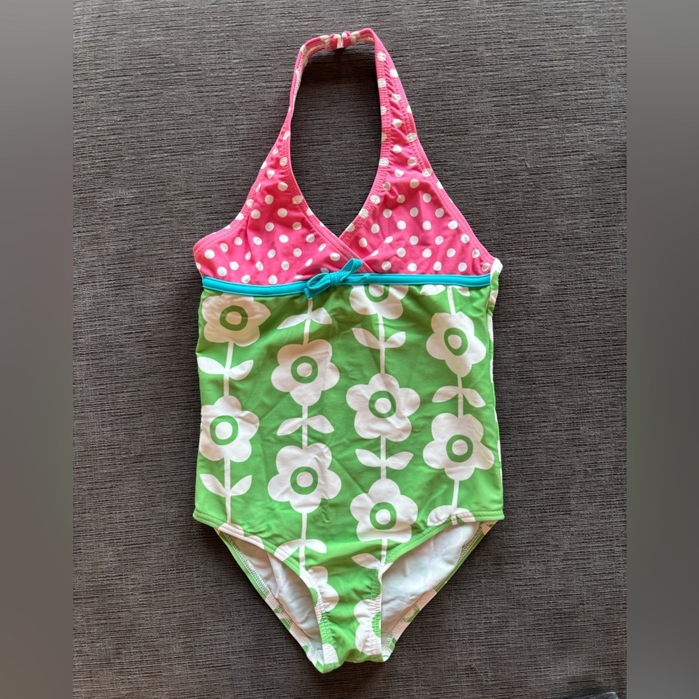 Mini Boden Pink Polka & Green Floral One-Piece halter Swimsuit 7-8